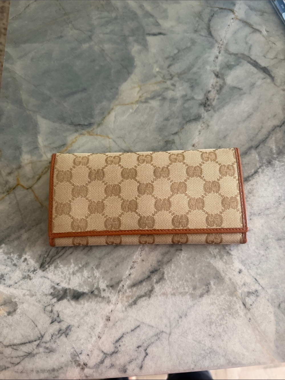 Gucci Beige GG Canvas Long Continental Wallet with Brown Trim